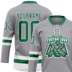 OEM Fabricación personalizada al por mayor de alta calidad gris y Kelly verde-blanco Hockey encaje cuello Jersey cómodo desgaste del hockey sobre hielo - Product Image 5
