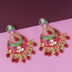 Kriaa <b>Red</b> Meenakari Kundan Dangle Earrings Gold-Plated Fine Jewelry-1314205D - Product Image 1