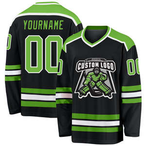 Custom Team <b>Name</b> Number Logo V Neck Ice Hockey Jersey Private <b>Label</b> Black Green Sublimation 100% Polyester Wholesale Supplier - Product Image 1