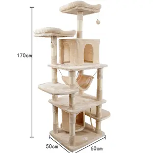 Kayu besar berwarna krem abu-abu furnitur kucing multi level menara pohon kucing tiang sisal