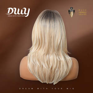 Paloma C-DWY Mid-Length Wavy Rooted Blonde <b>Wig</b> with Bangs Gen 2 Large Realistic Scalp Glueless Synthetic Transparent Lace Color - Product Image 3