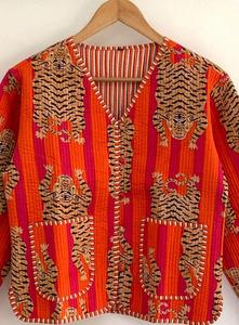 Hermosa Chaqueta corta acolchada Reversible hecha a mano para mujer 100% algodón nuevo estilo naranja Tigre estampado Casual invierno prendas de vestir exteriores - Product Image 3