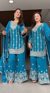 Lancement de nouveaux modèles de palazzo kurta dupatta en tissu pur soie chinon lourde, broderie, travail de séquence, réversible, pour les fêtes - Product Image 2