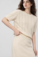 Ensemble deux pièces décontracté en maille de soie et cachemire pour le printemps, 85% soie 15% cachemire, avec pull à manches courtes ajouré et jupe midi, 16 jauges