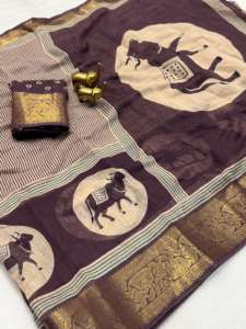 ส่าหรีผ้าฝ้ายเนื้อนุ่มสวยงามมีดีไซน์คาลม์คาริทั้งหมดพร้อมขอบเจคโครด - Product Image 3