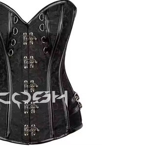 Gothic Brocade <b>Corset</b> Steel Boned Overbust Black Faux Leather Trim & Boning With Front Clasp <b>Corset</b> Supplier From Pakistan - Product Image 3