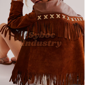 Chaqueta de Cuero con Flecos Marrones para Mujer, Estilo Vaquera, Chaqueta de Cuero Genuino de Gamuza de Cabra con Flecos para Festivales Occidentales - Product Image 2
