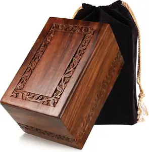 BORDER ENGRAVED INDIAN SHEESHAM ROSEWOOD URN FOR HUMAN ASHES DIRECT MANUFACTURER ADULT URN LARGE URN CAN HOLD 180 CUBIC INCHES