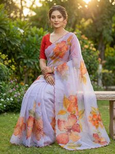 Modernos y Elegantes Saris de Organza Suave y Pura Hechos a Mano en Existencia para Mujeres, Ideales para Fiestas - Product Image 2