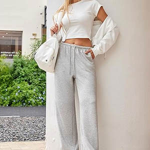 กางเกงวอร์มขาบานเอวสูงสำหรับผู้หญิงกางเกงวอร์มทรงแบ็กกี้เอวสูงพร้อมเชือกและกระเป๋ากางเกงเลานจ์ลำลอง - Product Image 5