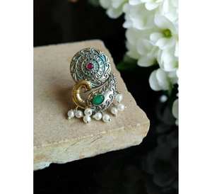 Bague en argent avec pierre de quartz de forme ronde en argent sterling 925 jolie bague fabriquée à la main femmes bijoux en gros conception de paon - Product Image 1