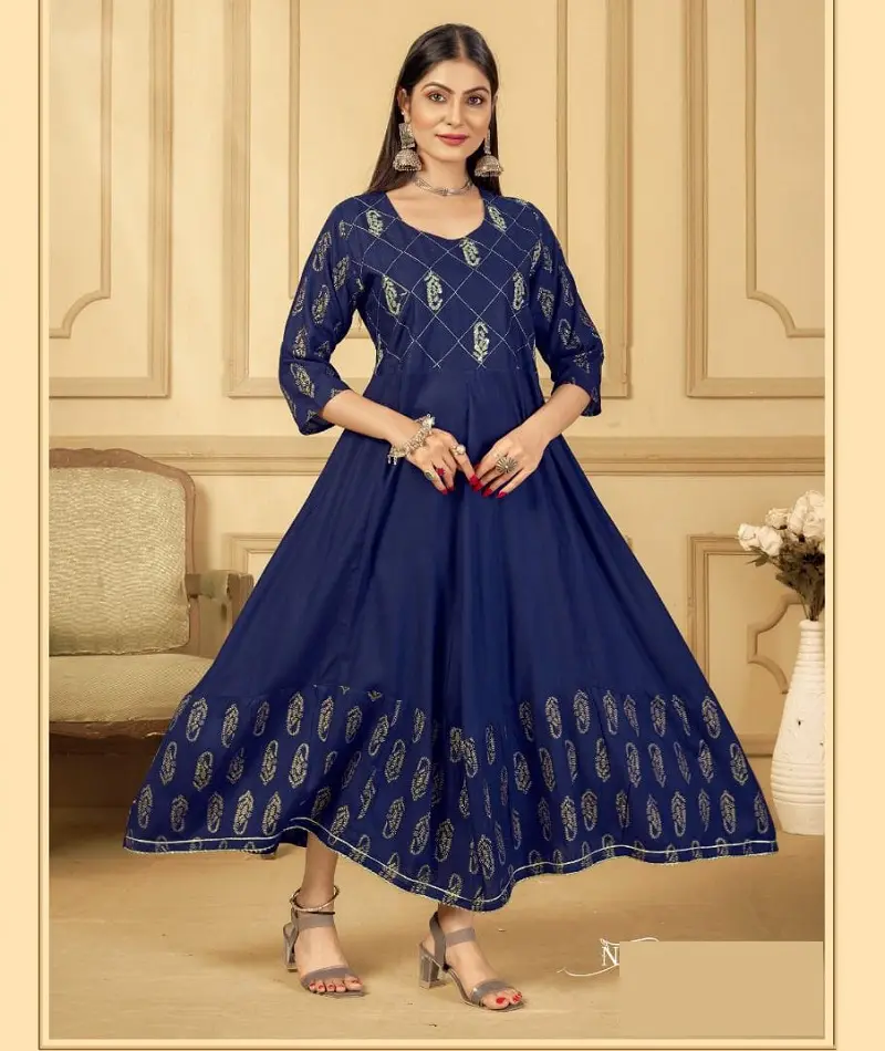 Le donne indiane indossano Kurtis di Rayon fantasia con abiti stampati in lamina stile Kurtis Wedding Wear Salwar Kameez Suit e abiti Anarkali