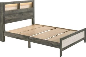 Cadre de lit King en bois massif durable avec lumière tactile intégrée Cubbies ouverts Faux Plank Look Design 80x87.3 pouces - Product Image 3