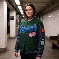 Blouson universitaire en chenille avec patchs, broderie chaîne, lettrage, motif bouteille, en laine marine et cuir, style Letterman, doublure matelassée OEM, poids lourd 650 GSM