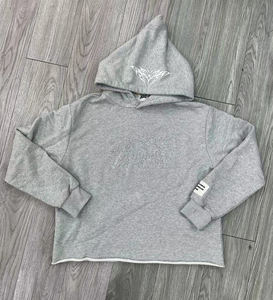 Hoodie oversize court en molleton avec strass, coupe et couture, 100% coton, ourlet brut, style streetwear hiver, qualité supérieure 450-600 - Product Image 3