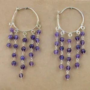 Pendientes de aro de plata 925 con cuentas de amatista y borlas colgantes, joyería de estilo bohemio para mujer - Product Image 1
