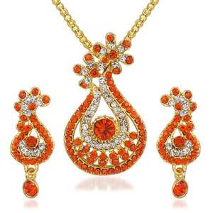 Kriaa <b>Fine</b> <b>Jewelry</b> <b>Set</b> with Orange Austrian Stone Pendant - Product Image 1