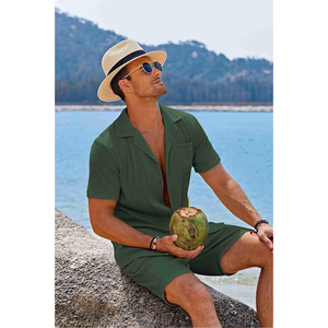 Ensemble deux pièces décontracté pour homme : chemise à manches courtes unie et short, 100 % coton, séchage rapide, idéal pour l'hiver (vente en gros) - Product Image 3