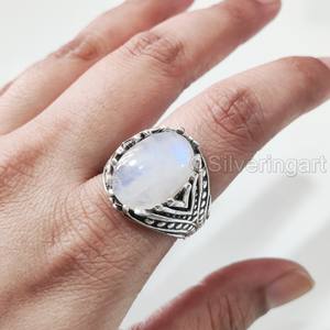 Bague en argent sterling 925 pour homme, pierre de lune arc-en-ciel naturelle bleue, pierre de naissance de juin, bijoux de mariage arabes, vente en gros - Product Image 3