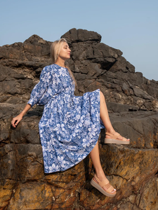 Blue Floral Hand Block Print Kyra Maxi <b>Dress</b> for Women <b>Bohemian</b> Cotton Flared Hem Casual Style for Autumn Season - Product Image 4