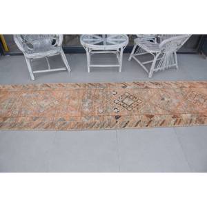 Vintage Turkish Rug, 2.7x10.3 ft Herki Rug, <b>Brown</b> Orange Floral <b>Wool</b> Rug - Product Image 3