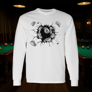 T-shirt promotionnel à manches longues avec motif explosion de billes de billard 8 ball sur la poitrine - Product Image 3