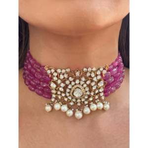 Collier ras-de-cou vintage en rhodium plaqué avec perles et fleurs de diamants pour mariage et cadeau - Product Image 1
