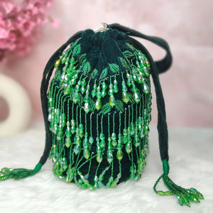 Housse de sac Potli bohème en polyester brodée de motifs géométriques, avec chaînes de perles, pour mariage, fête, festival, faite à la main, ethnique indienne - Product Image 1