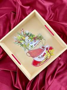 Plateau de service carré 10x10 à motif floral marguerite en MDF avec poignée jaune, pour table basse, cuisine, maison, organisation et rangement de nourriture et de boissons - Product Image 4