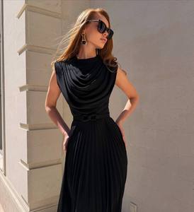 Vestidos de Fiesta Elegantes para Mujer, Negros, Plisados, Midi, Tejidos, Cintura Natural, Sin Mangas, Hechos en China, Venta al Por Mayor - Product Image 2