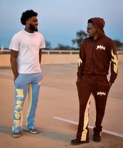 Fabricación de ropa de calle de algodón de rizo francés de peso pesado pantalones de chándal con parche de gran tamaño y conjunto de chándal con capucha Boxy Fit - Product Image 2