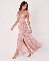 Robe maxi vintage romantique à manches bouffantes à fleurs, décolleté croisé, taille haute, silhouette moulante, écologique et respirante