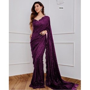Ropa de fiesta india para mujer al mejor precio, Sari Georgette de colores exclusivos con trabajo de secuencia y pieza de blusa - Product Image 1