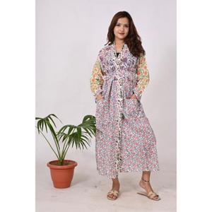 Peignoir Kimono en coton indien fait à la main pour femmes, léger, imprimé floral, naturel, vêtements de nuit - Product Image 3