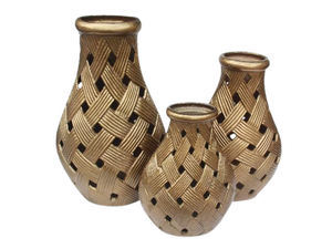 Antique Brass Finish Cast Aluminium <b>Pillar</b> <b>Candle</b> Holder Rattan Weaving Style Hot Selling Home Decoration for Christmas Two - Product Image 2