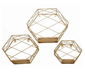 Estante de almacenamiento de metal dorado y madera, estantes montados en la pared, colgante de pared de 2 niveles, autodecorativo para el hogar, sala de estar y dormitorio - Product Image 4