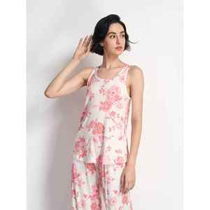 Women's Floral Print Cotton Pajamas Set Sleeveless Round Neck Full Length Soft Casual Sleepwear Spring Season - Product Image 4
