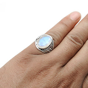 Nouvelle arrivée solide 925 en argent Sterling naturel arc-en-ciel pierre de lune Cabochon lunette réglage luxe fait à la main unisexe anneaux à faible coût - Product Image 3