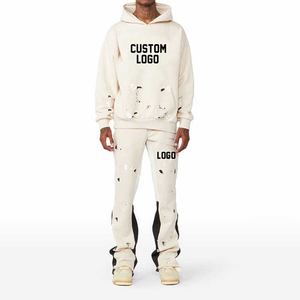 Ensemble pantalon de survêtement et sweat à capuche évasés pour hommes Survêtement unisexe Ensemble pantalon de survêtement évasé à capuche avec fermeture éclair et strass - Product Image 1