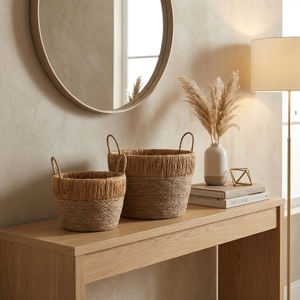 Ensemble de paniers en jonc de mer naturel et écorce de bananier avec cadre en fer, bord festonné, poignée arquée, pour bols, pots et jardinières, décoration artistique pure pour la maison - Product Image 4