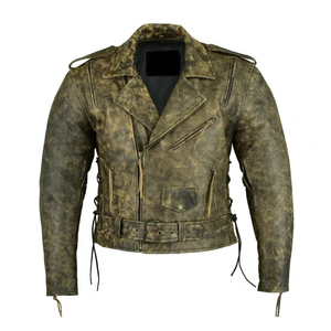 Men's Genuine Leather Moto Jacket Turn-<b>down</b> Collar Zipper Closure Solid Color Regular Sleeve Autumn Style - Product Image 1