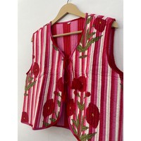 Gilet matelassé en coton réversible fait à la main pour femmes-Manteau col en V décontracté gilet court avec imprimé fleurs et doublure pour vêtements d'extérieur