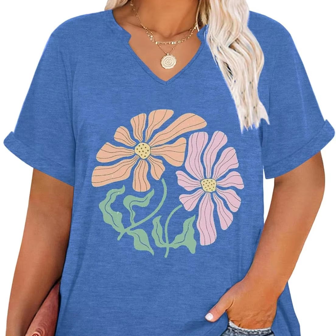 Women's Casual Spandex/Cotton Canvas Plus Size V-Neck Half Sleeve Eco-Friendly Quick Dry Breathable T-Shirt Digital Printing