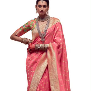 เสื้อส่าหรีผ้าไหมโดลาแท้ ดีไซน์ล่าสุด ปักดิ้นทองแดง งานปักละเอียด สำหรับงานปาร์ตี้และเทศกาล ผู้หญิง แบรนด์ FAB ZONE คุณภาพสูง - Product Image 1