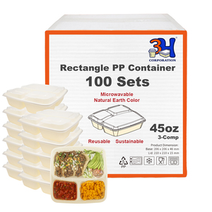 Contenitori per la preparazione dei pasti 3H da 45 once, 3 scomparti, confezione da 100 pezzi, 200 pezzi con coperchi, contenitori per alimenti da asporto, adatti a microonde, lavastoviglie e congelatore. - Product Image 1