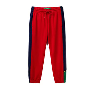 Men Red Sweatpants With Navy Side Stripes <b>Elastic</b> <b>Waist</b> Drawstring Casual Joggers Autumn Wear - Product Image 1