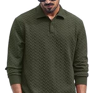 Polos texturizados para hombre, Jersey informal elástico de manga larga con botones, Top clásico de golf - Product Image 2