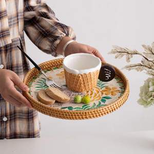 Bandeja de servicio de tejido de ratán redonda de buen precio de alta calidad con bandeja de café decorativa con incrustaciones de nácar de Vietnam - Product Image 6