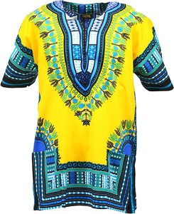 CRAFTSHUB เสื้อดาชิกิสีเหลืองคุณภาพเยี่ยมสำหรับทุกเพศทุกวัย ผลิตจากผ้าฝ้าย 100% สไตล์แอฟริกัน จากรัฐราชสถาน ราคาถูก - Product Image 1