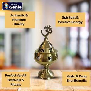 HOME GENIE <b>Brass</b> Akhand Diya with Lid and Om Symbol Traditional Covered <b>Oil</b> <b>Lamp</b> with Swastik Design for Temple Pooja Room Decor - Product Image 3